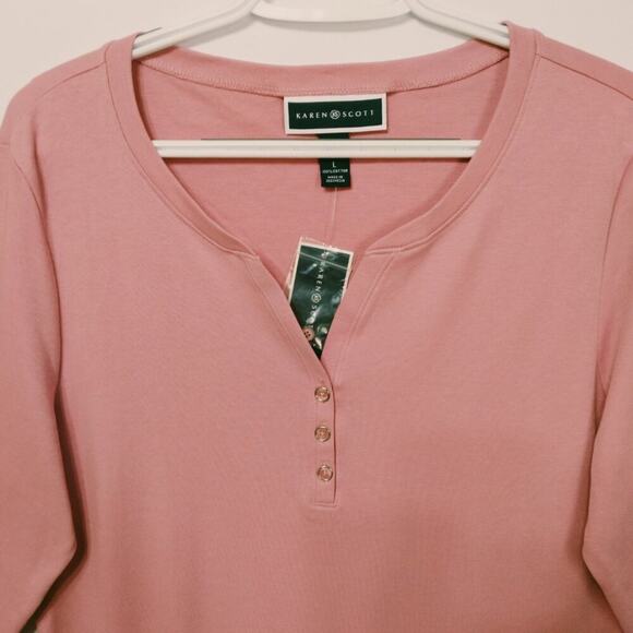 Karen Scott Cotton Henley Top Size M 3/4 Sleeves Dark Pink New - Picture 4 of 7